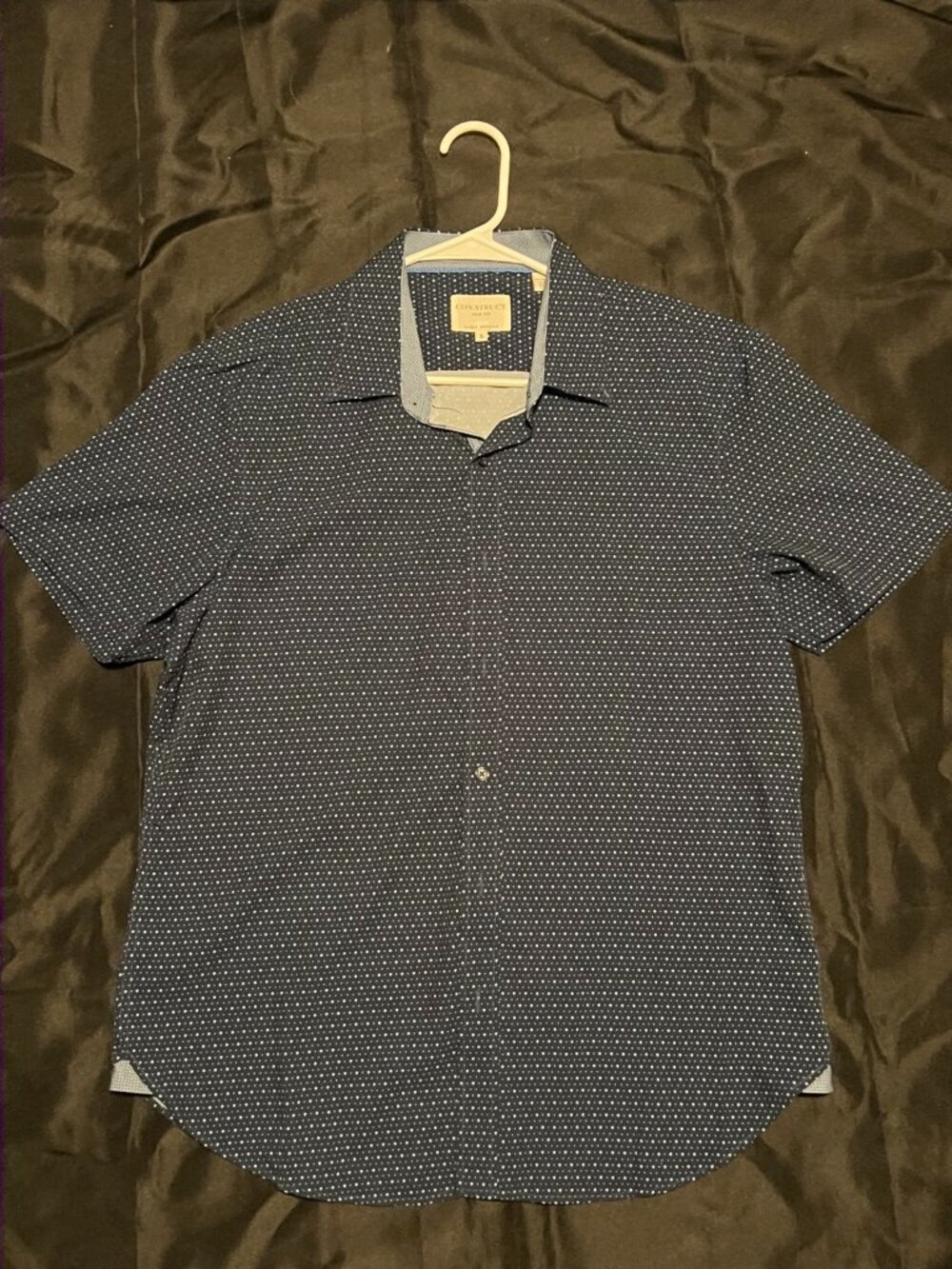 CONSTRUCT Slim Fit Shirt Men’s Large Navy Micro Dot Short Sleeve Stretch Casual